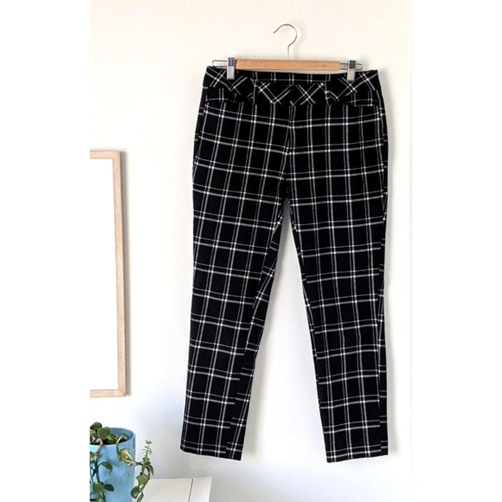 black & white checkered plaid print cropped leg pants, 8